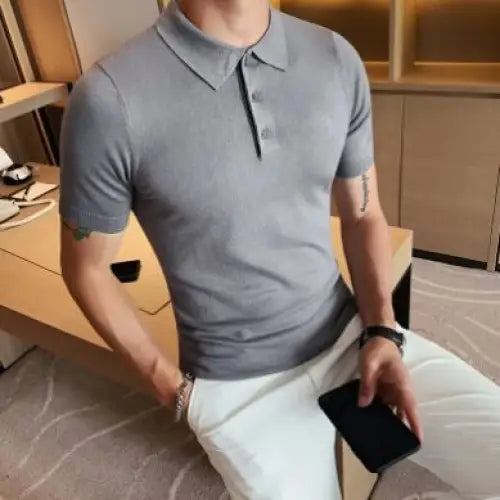 Men's Ice Silk Slim-Fit Polo Lapel Knitted Solid Color Summer T-shirt