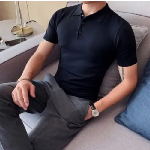 Men's Ice Silk Slim-Fit Polo Lapel Knitted Solid Color Summer T-shirt
