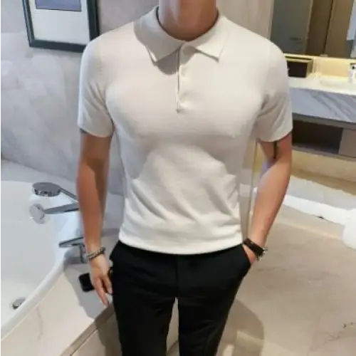 Men's Ice Silk Slim-Fit Polo Lapel Knitted Solid Color Summer T-shirt