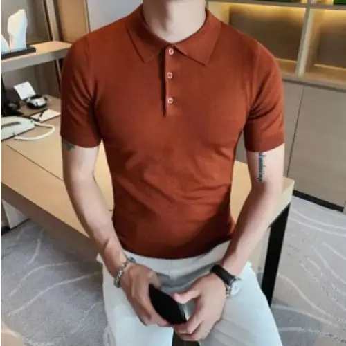 Men's Ice Silk Slim-Fit Polo Lapel Knitted Solid Color Summer T-shirt