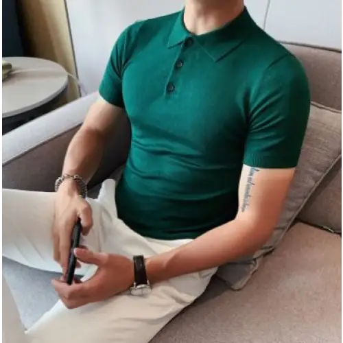 Men's Ice Silk Slim-Fit Polo Lapel Knitted Solid Color Summer T-shirt