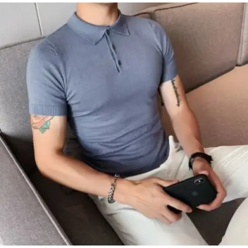 Men's Ice Silk Slim-Fit Polo Lapel Knitted Solid Color Summer T-shirt