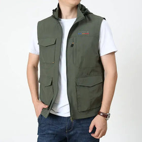 Olive green outdoor utility vest with multiple pockets and a hood