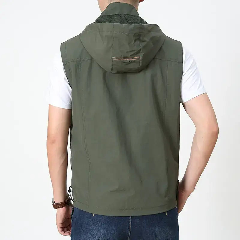 Olive green hooded vest with a textured inner collar and subtle stitching details
