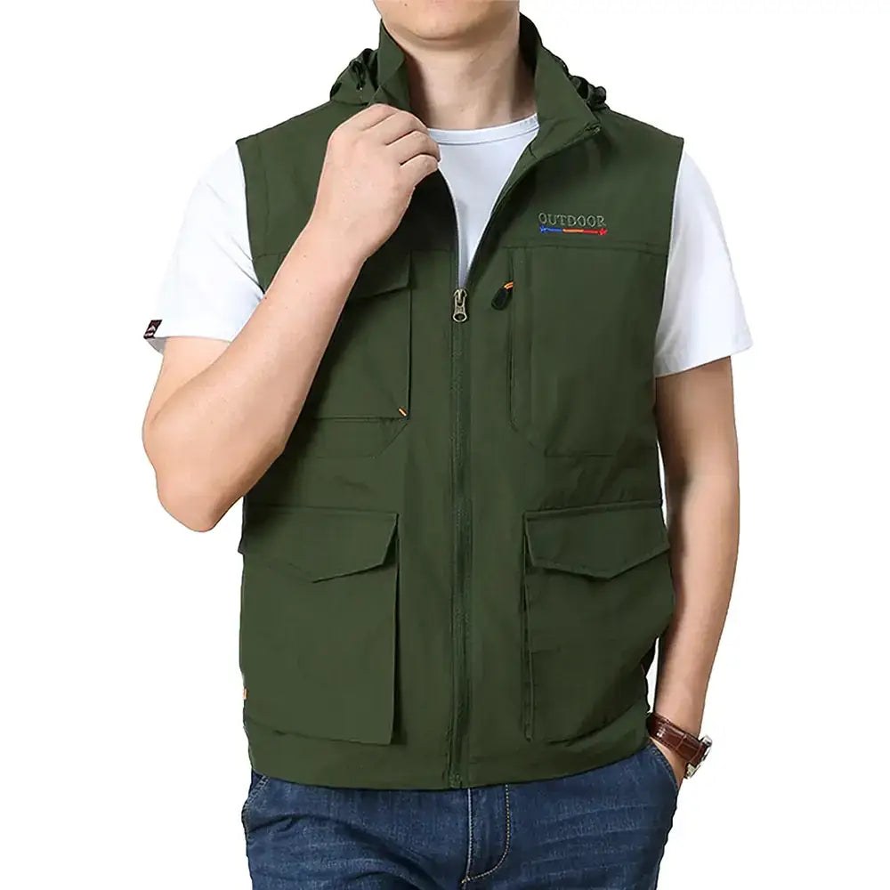 Olive green outdoor utility vest with multiple pockets and a hood