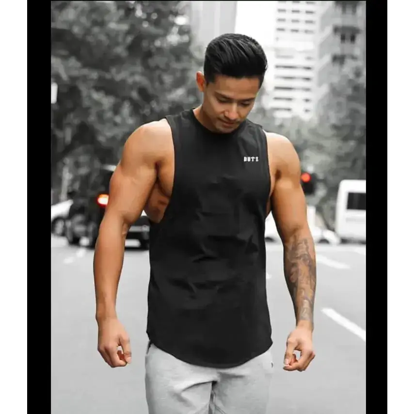 Black sleeveless athletic tank top with a small white logo on the chest.