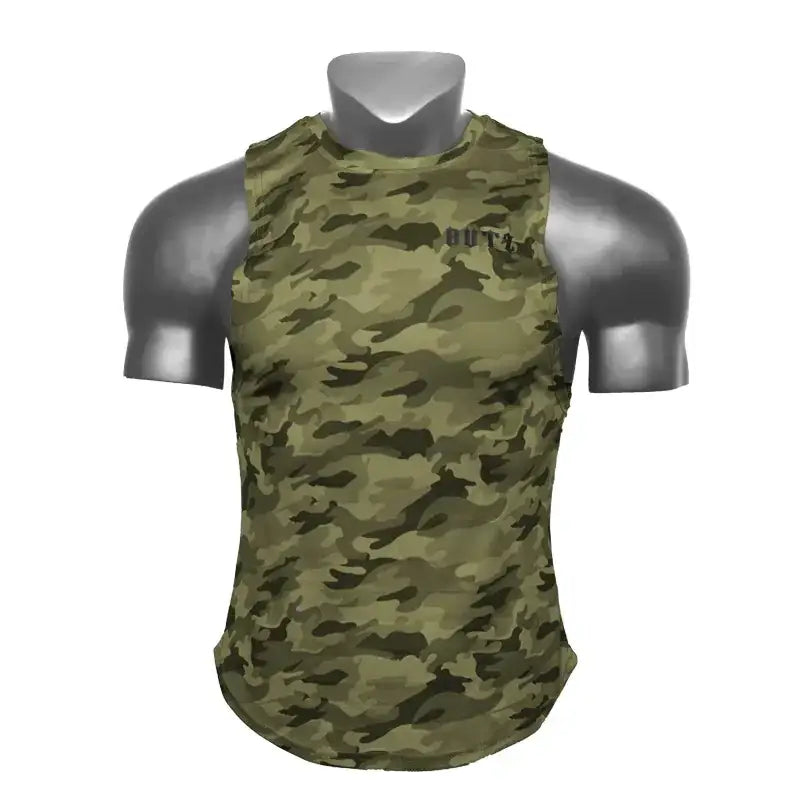 A sleeveless athletic tank top in a green and brown camouflage pattern, featuring the brand name ’outr’ embroidered on the chest.