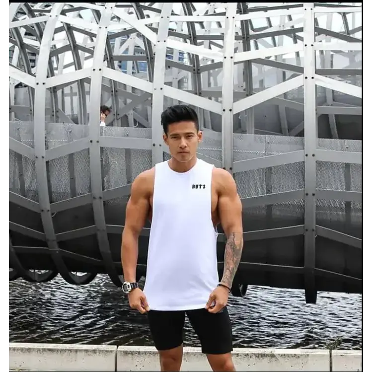 White sleeveless tank top with black ’but1’’ logo on the chest