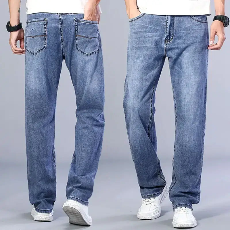 Light-wash blue denim jeans with a straight-leg cut and classic back pockets.