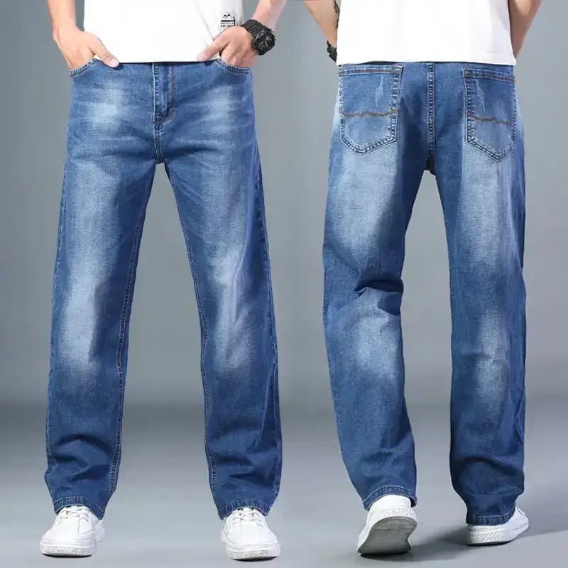 Blue denim jeans with a faded wash and classic five-pocket design.