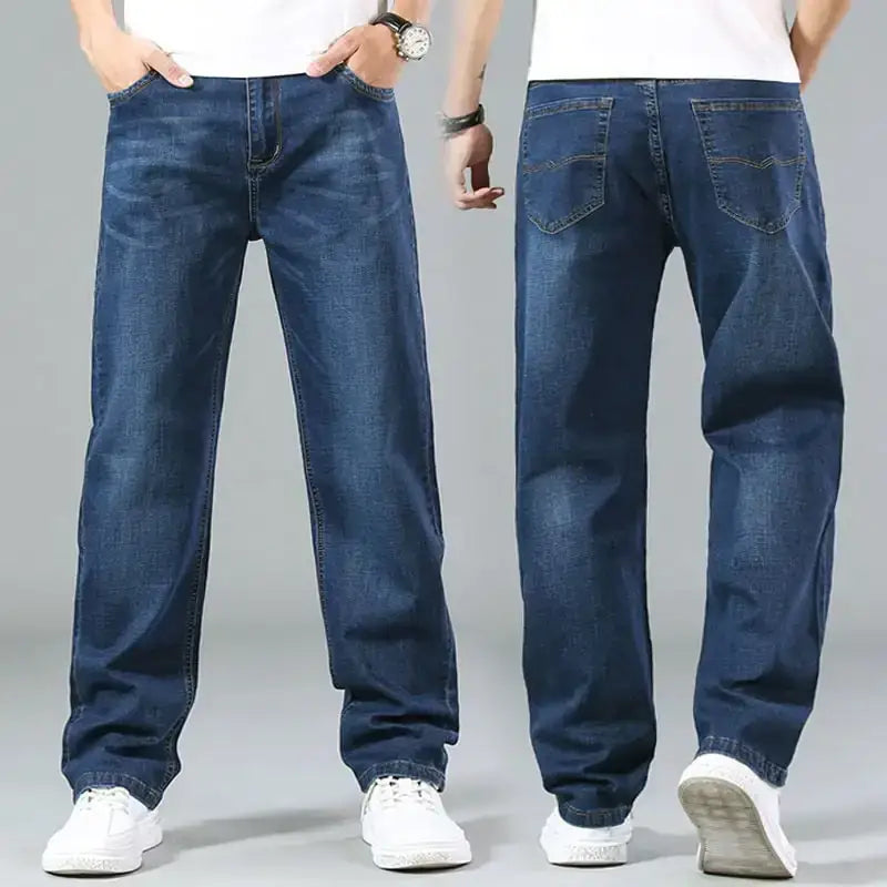 Dark blue denim jeans with a straight-leg cut and classic five-pocket design.