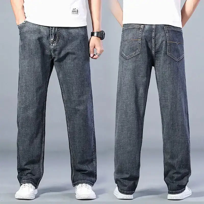 Dark-wash denim jeans with a straight-leg cut and classic five-pocket design.