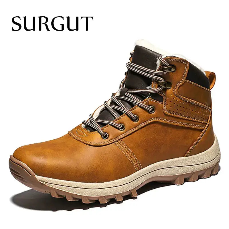 Brown leather ankle boot with black accents and a white rubber sole.