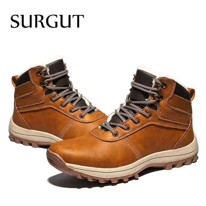 Brown leather hiking boots with black accents and a rugged, textured sole.