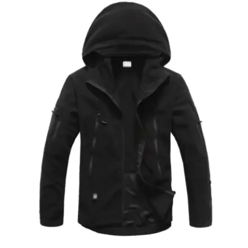 Black hooded jacket with multiple zippered pockets and a subtle brand logo on the lower left side.