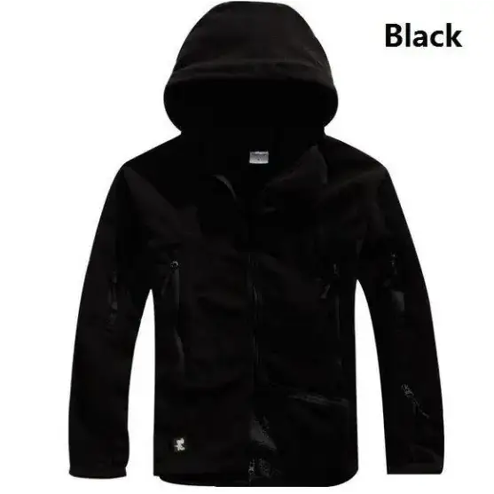 Black hooded fleece jacket with zippered pockets and subtle distressed detailing.