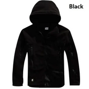 Black hooded fleece jacket with zippered pockets and subtle distressed detailing.