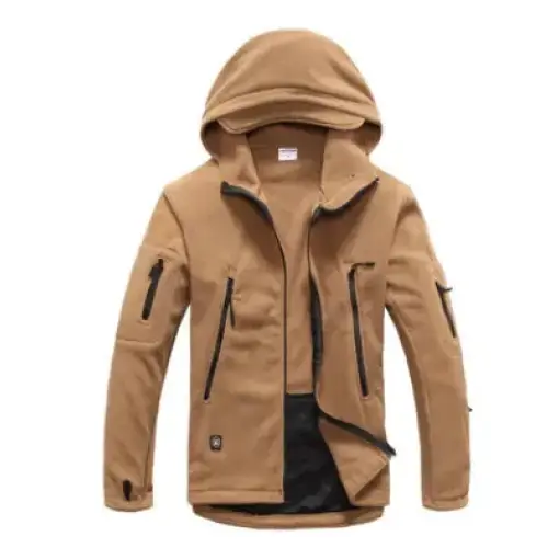 Tan hooded softshell jacket with black zipper accents and reinforced pockets.