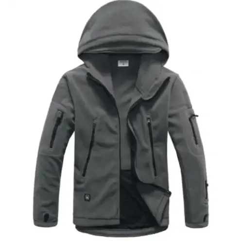 Gray hooded softshell jacket with black zippers and subtle branding on the chest.