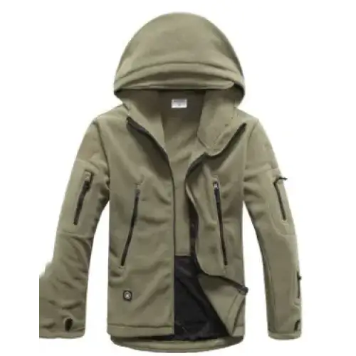 Olive green hooded jacket with multiple zippered pockets and a black inner lining