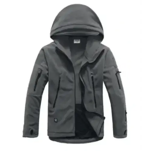 Gray hooded softshell jacket with multiple zippered pockets and a sleek, modern design.