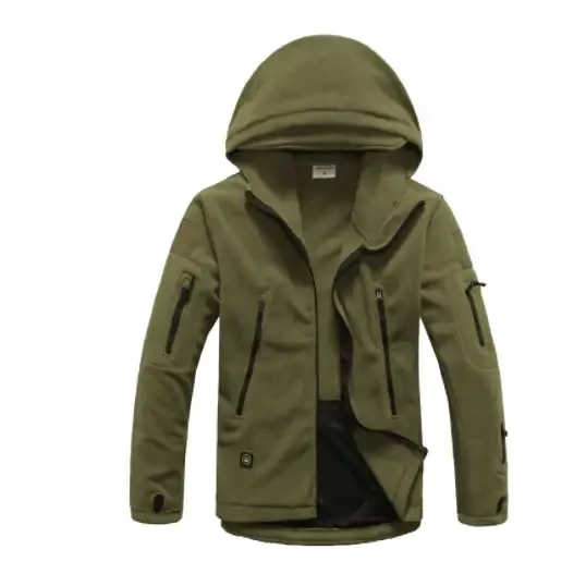 Olive green hooded softshell jacket with black zippers and subtle branding on the chest