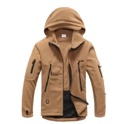 Tan hooded softshell jacket with black zipper accents and a subtle brand patch on the lower left chest.