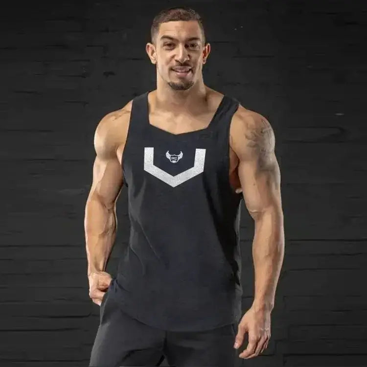 Black tank top with a white v-shaped logo featuring a bull’s head design.