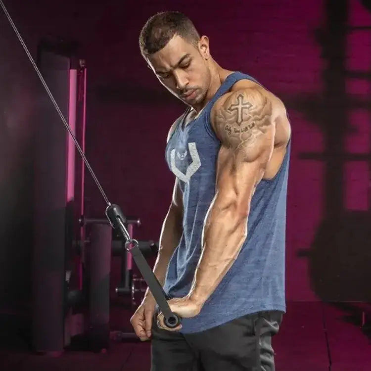 Blue athletic tank top with a white logo on the chest