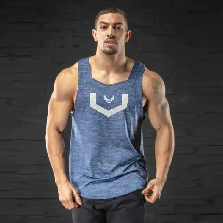 Blue heathered tank top with a white v-shaped logo featuring a stylized horned face.
