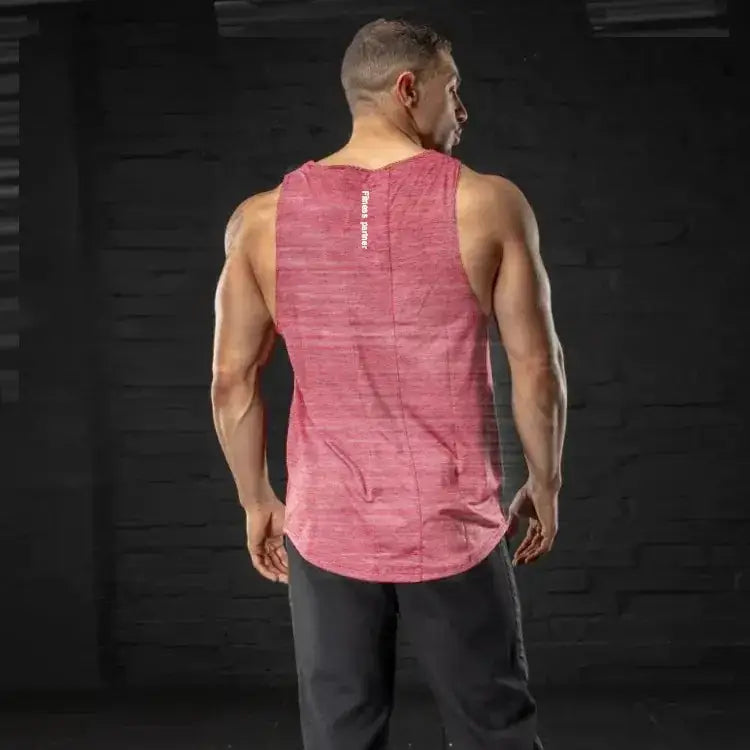 Pink heathered sleeveless tank top with a vertical brand logo on the back.