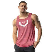 A maroon heathered athletic tank top with a white v-shaped logo and small emblem on the chest.