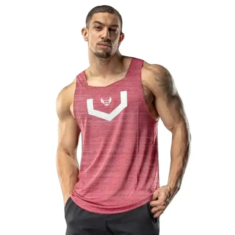 A maroon heathered athletic tank top with a white v-shaped logo and small emblem on the chest.