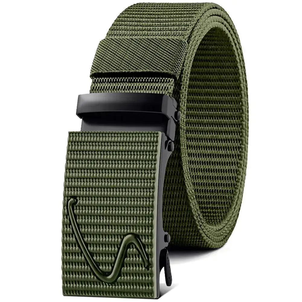 Olive green tactical webbing belt with a black plastic buckle featuring an embossed logo.