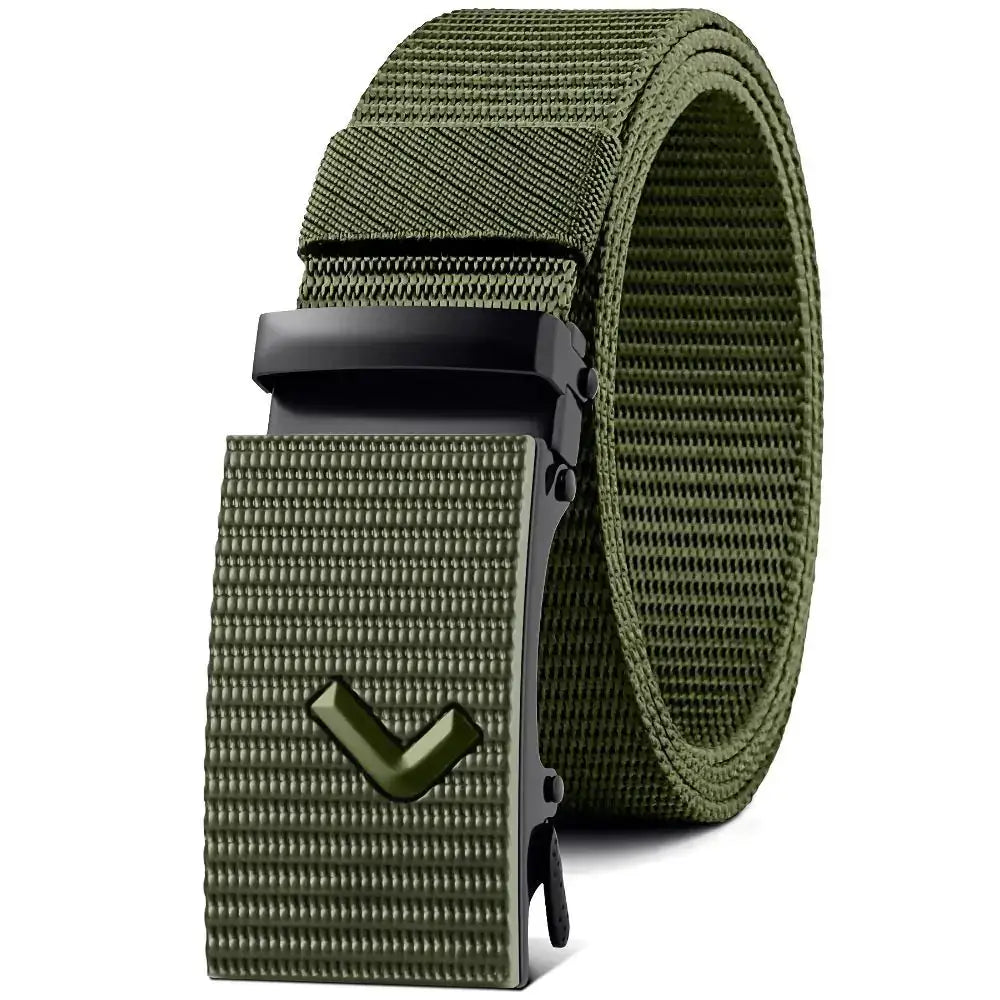 Olive green tactical webbing belt with a matching textured buckle featuring a black automatic release mechanism.