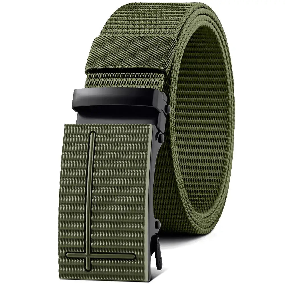 Olive green tactical webbing belt with a matte black buckle featuring a cross-shaped design.