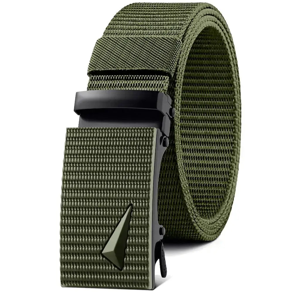Olive green tactical webbing belt with a matte black, geometrically shaped buckle.