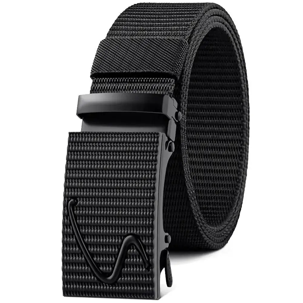 Black tactical webbing belt with a matte black automatic buckle featuring an embossed wave design.