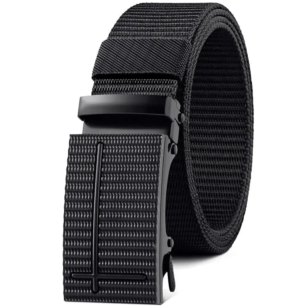 Black tactical webbing belt with a matte black textured buckle featuring a minimalist cross design.