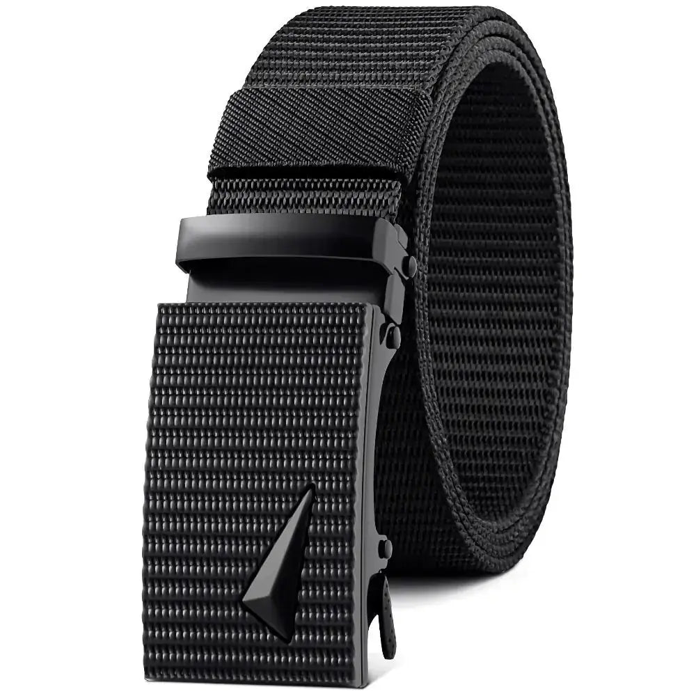 Black tactical belt with a textured nylon strap and a matte black buckle featuring a triangular logo.