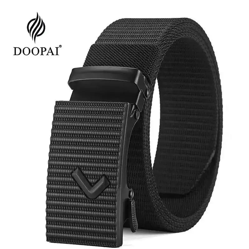 Black doopai tactical belt with a matte-finish metal buckle featuring a v-shaped logo.