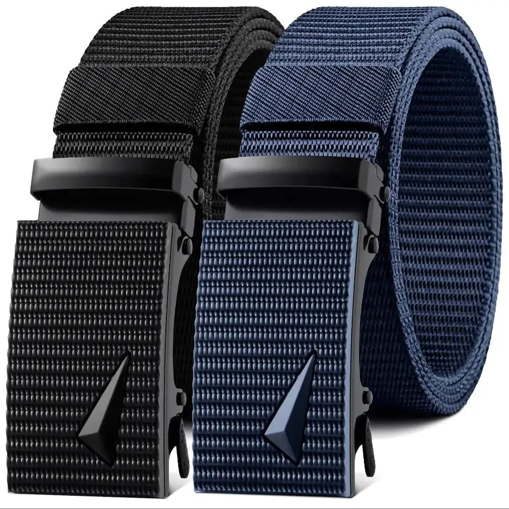 Black and navy blue tactical belts with textured nylon straps and matching black plastic buckles featuring a triangular logo.