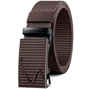Brown woven canvas belt with a black plastic buckle featuring an embossed wave design.