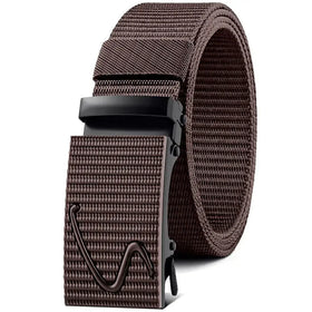 Brown woven canvas belt with a black plastic buckle featuring an embossed wave design.