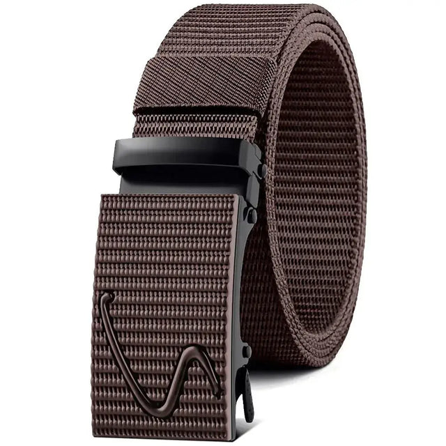 Brown woven canvas belt with a black plastic buckle featuring an embossed wave design.