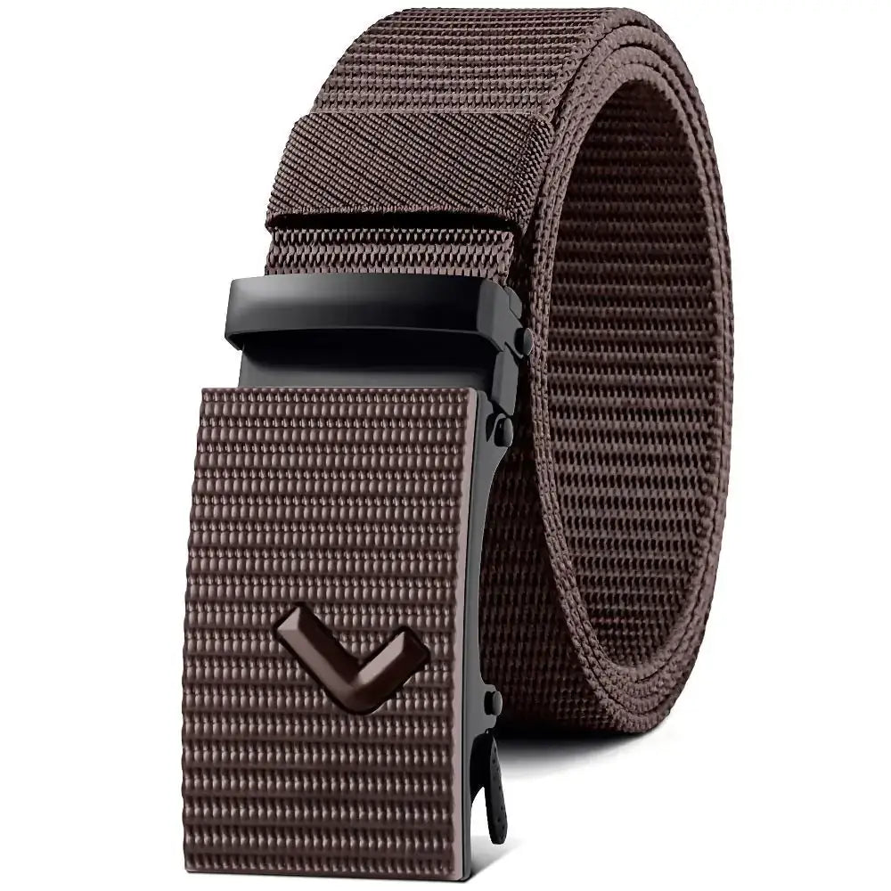 Brown woven canvas belt with a matching textured buckle featuring a black v-shaped logo.