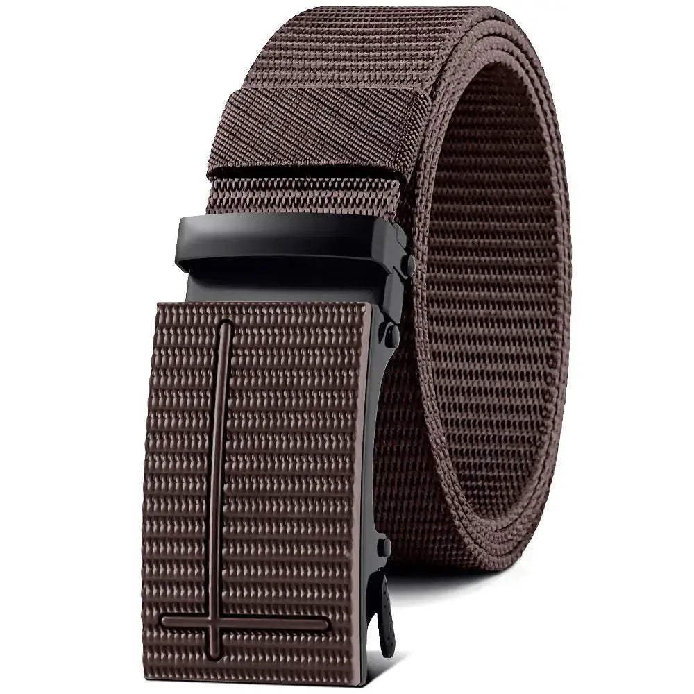 Brown woven canvas belt with a matte black buckle featuring a textured, cross-shaped design.