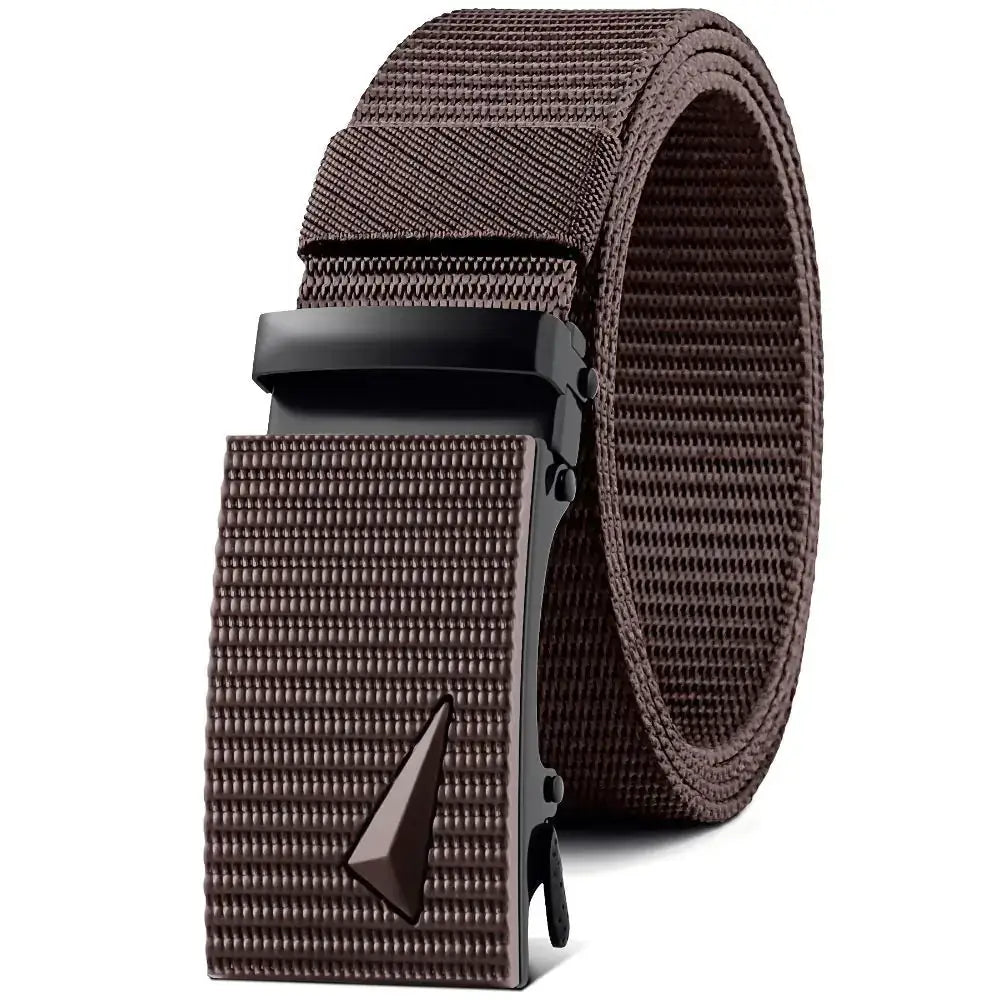Brown woven canvas belt with a matte black buckle featuring a triangular logo.