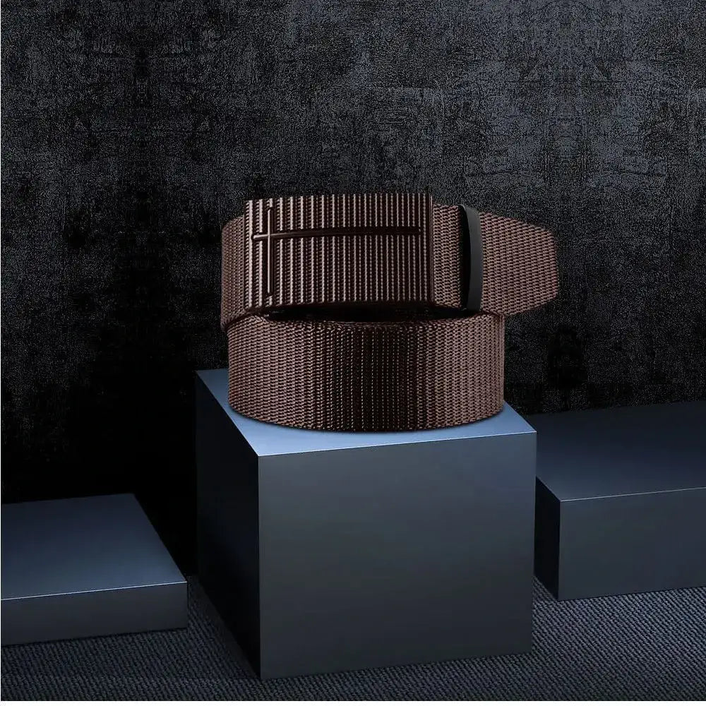 Brown woven nylon belt with a sleek, minimalist buckle.
