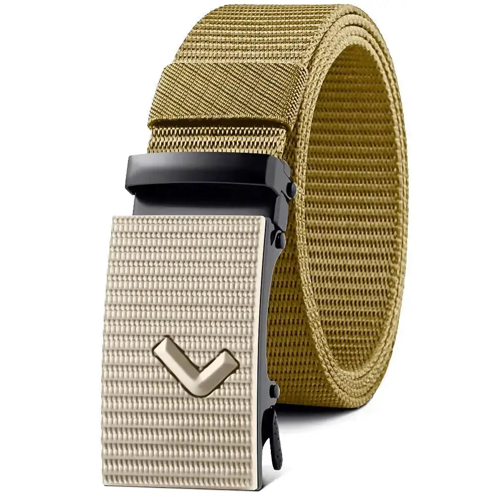 Tan woven canvas belt with a textured silver-tone buckle featuring a v-shaped logo and black plastic hardware.